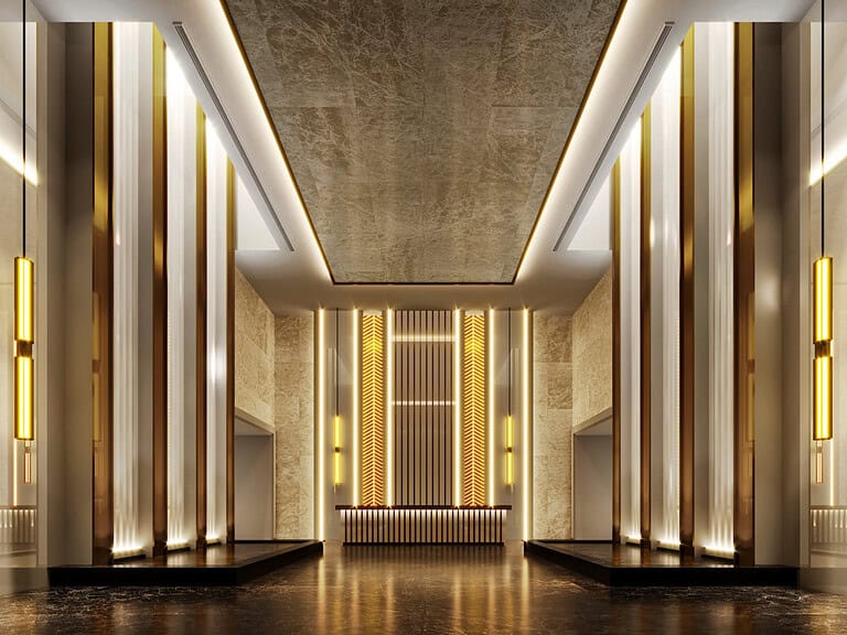 บริเวณล็อบบี้ของโรงแรมที่ขัดเงาสแตนเลสเป็นอย่างดี